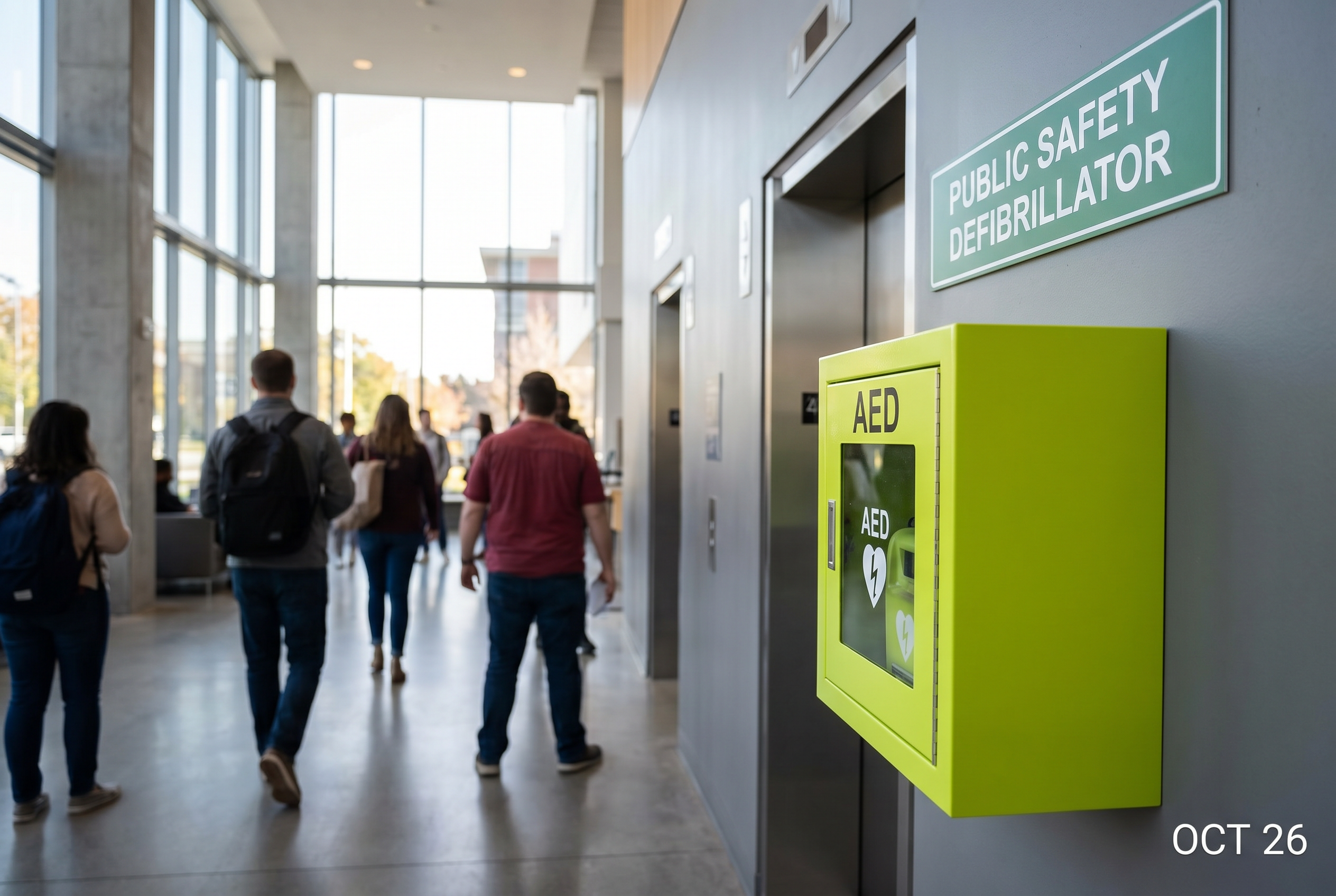 AED defibrillator mounted on a wall in a public building